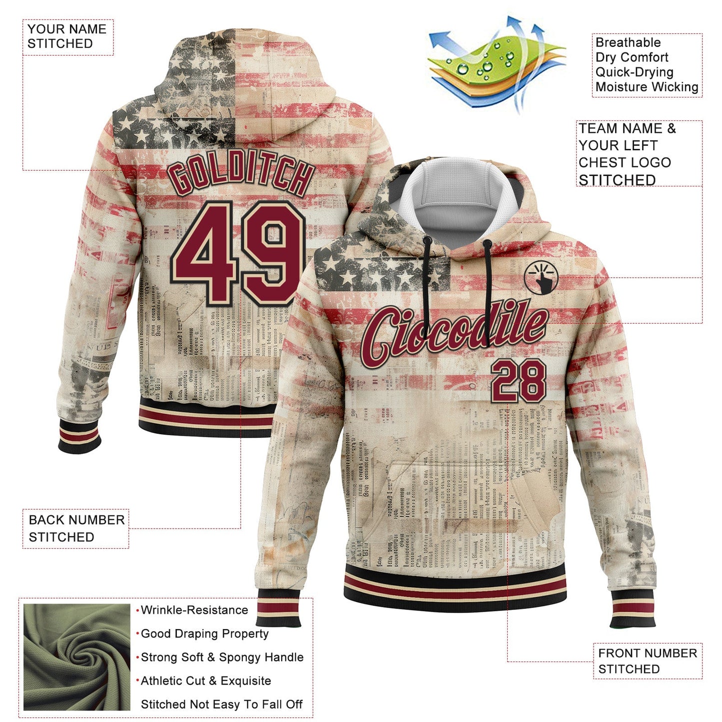 Custom Stitched City Cream Crimson-Black 3D American Flag Retro Distressed Grunge Sports Pullover Sweatshirt Hoodie view 2