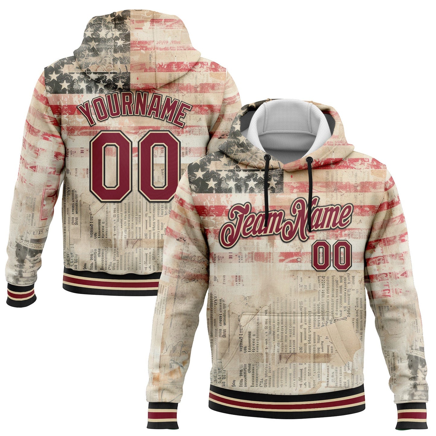 Custom Stitched City Cream Crimson-Black 3D American Flag Retro Distressed Grunge Sports Pullover Sweatshirt Hoodie - Main View