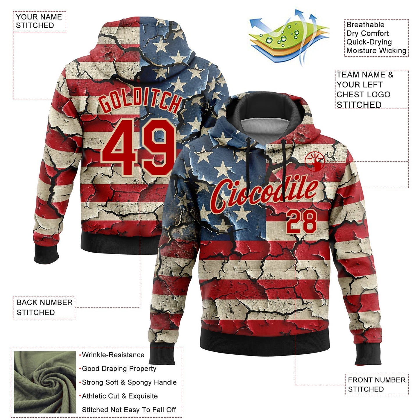 Custom Stitched Red City Cream 3D American Flag Retro Distressed Grunge Sports Pullover Sweatshirt Hoodie view 2