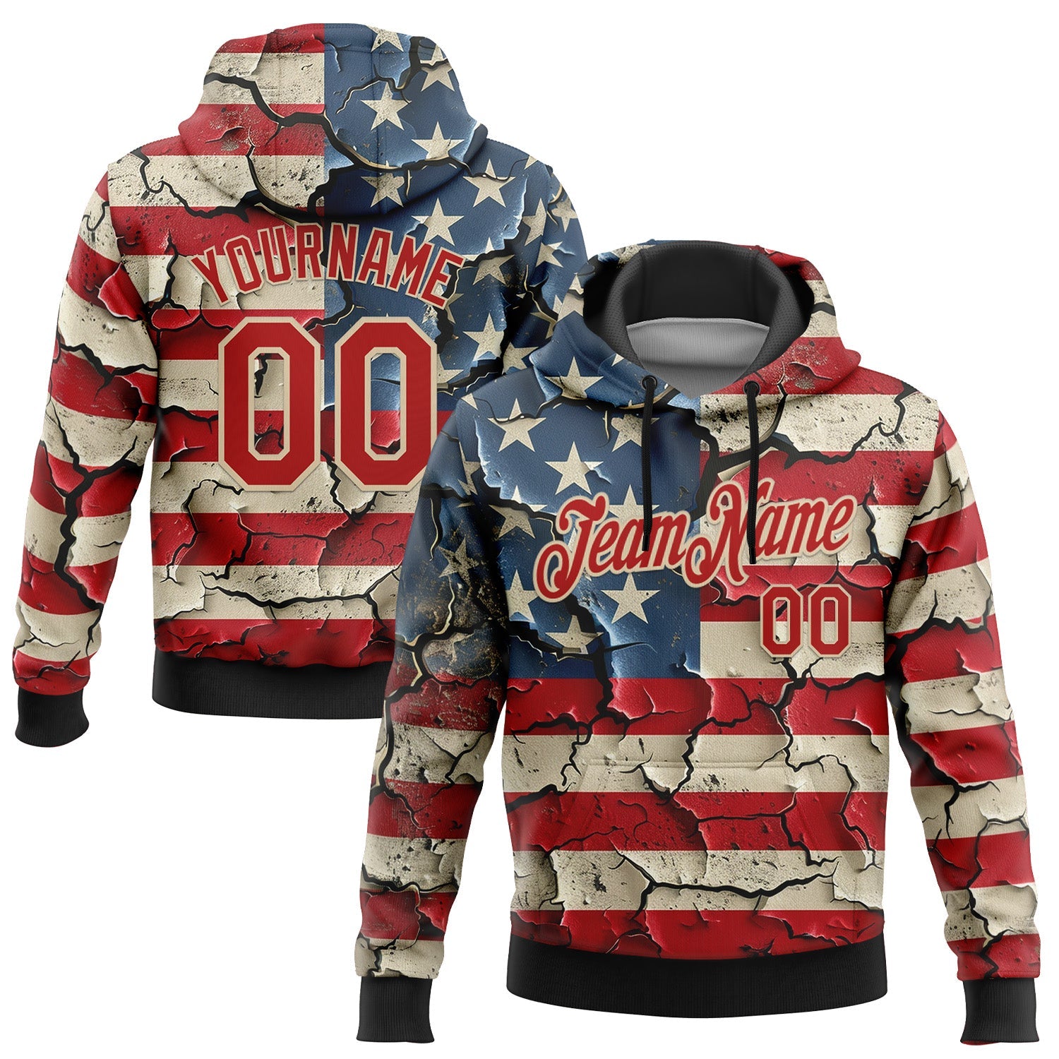 Custom Stitched Red City Cream 3D American Flag Retro Distressed Grunge Sports Pullover Sweatshirt Hoodie - Main View