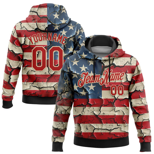 Custom Stitched Red City Cream 3D American Flag Retro Distressed Grunge Sports Pullover Sweatshirt Hoodie - Main View