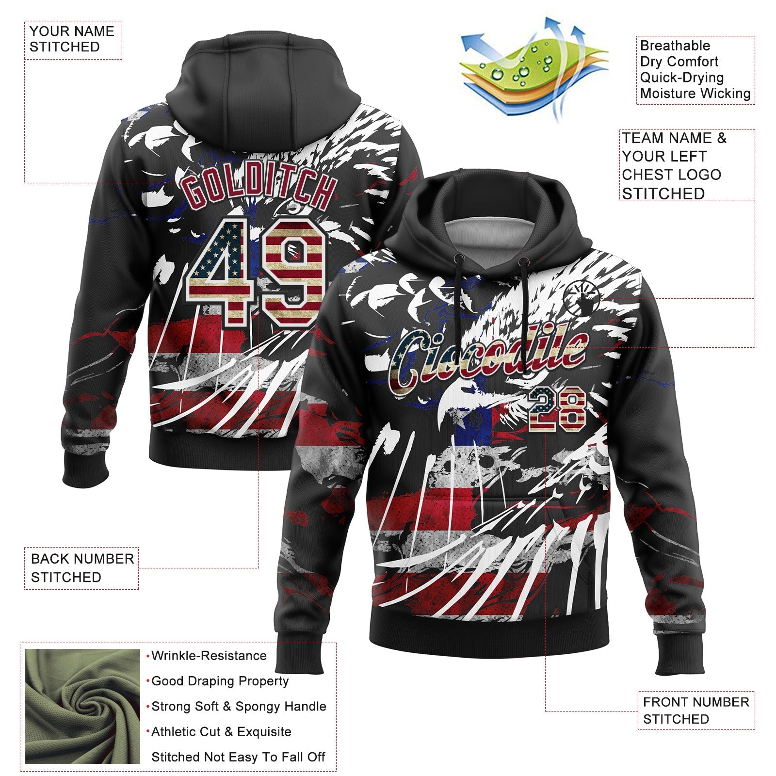 Custom Stitched Black Vintage USA Flag Crimson-White 3D American Flag Retro Distressed Eagle Grunge Sports Pullover Sweatshirt Hoodie view 2