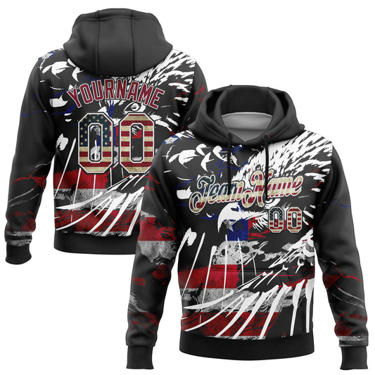 Custom Stitched Black Vintage USA Flag Crimson-White 3D American Flag Retro Distressed Eagle Grunge Sports Pullover Sweatshirt Hoodie - Main View