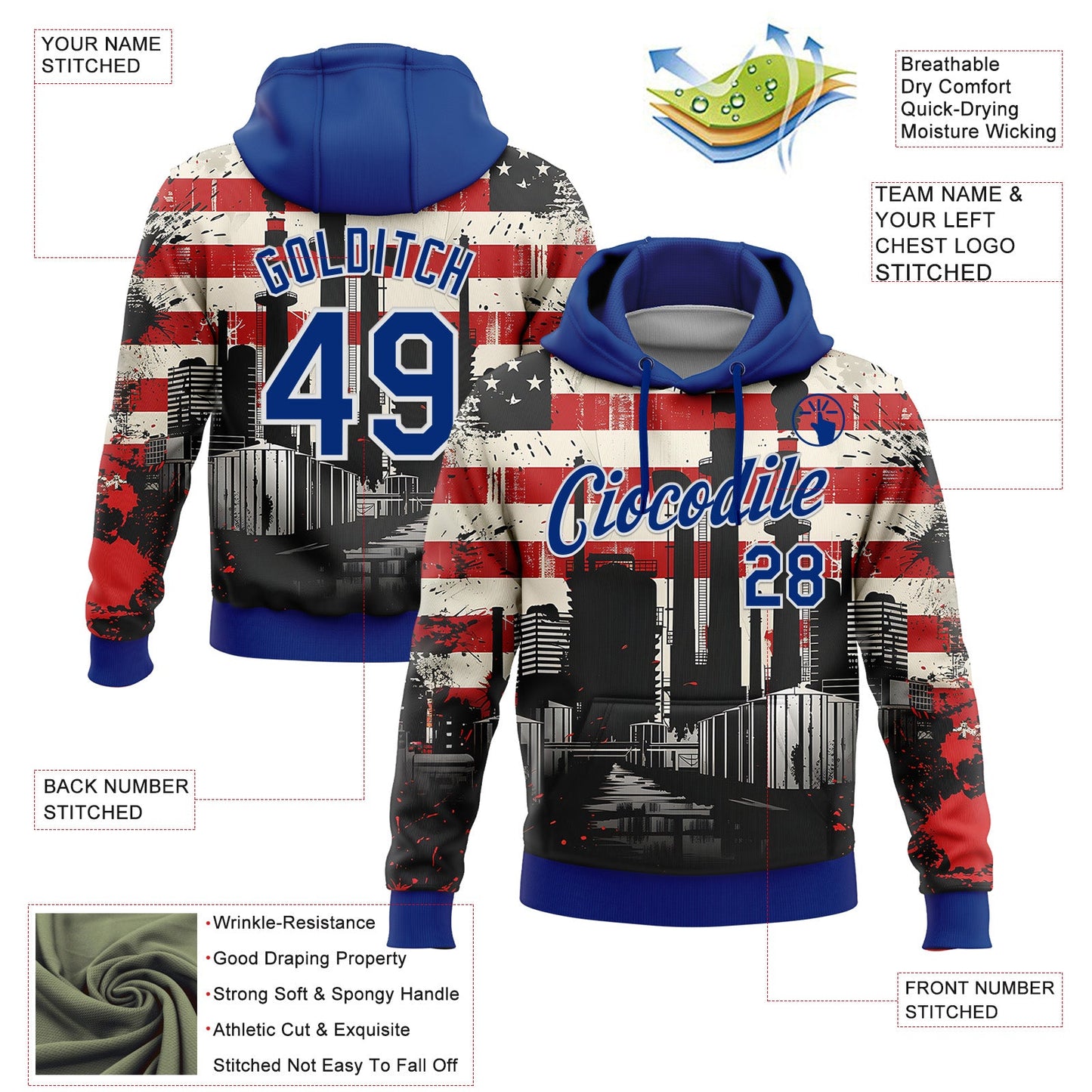Custom Stitched City Cream Royal Red-White 3D American Flag Retro Distressed Grunge Sports Pullover Sweatshirt Hoodie view 2
