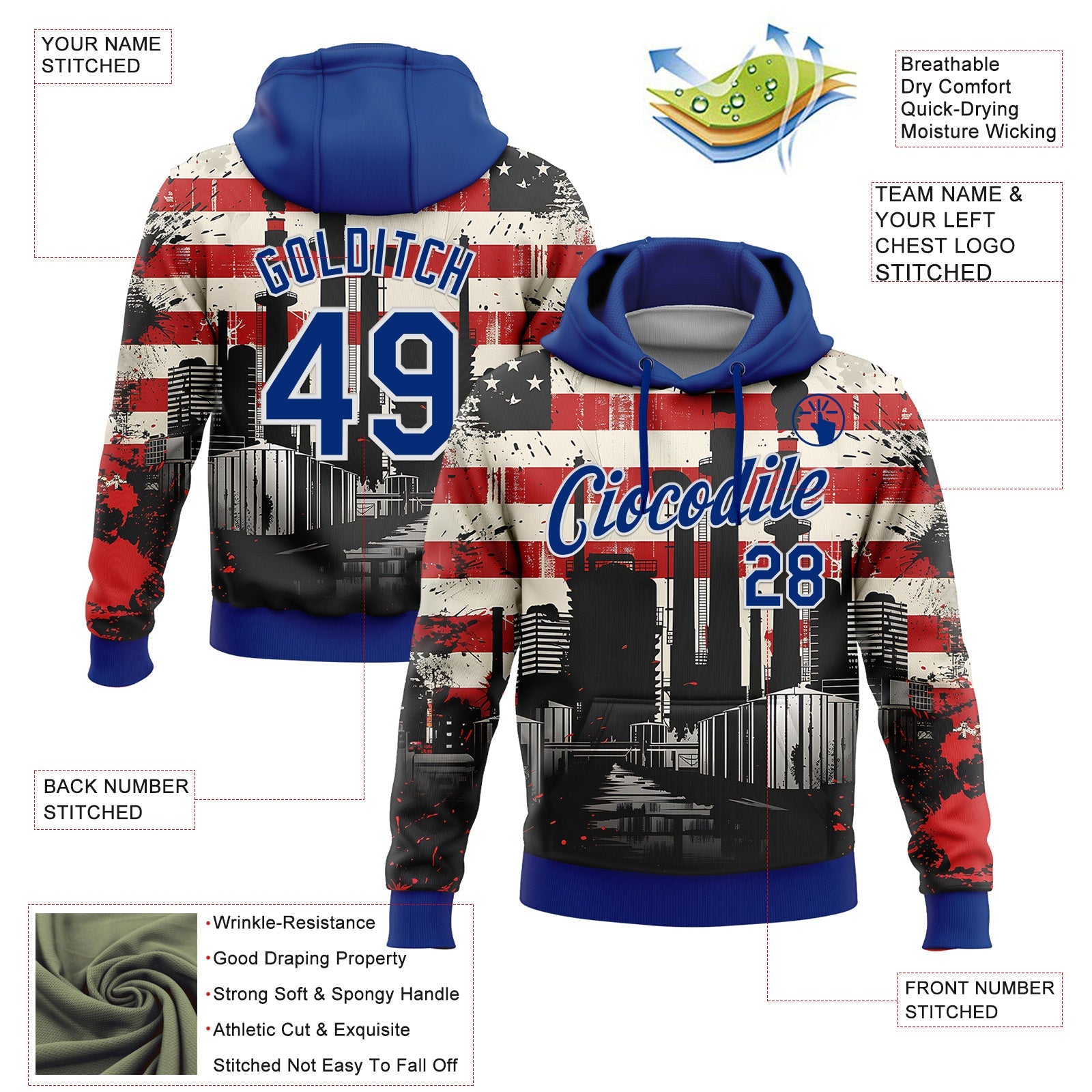 Custom Stitched City Cream Royal Red-White 3D American Flag Retro Distressed Grunge Sports Pullover Sweatshirt Hoodie view 2