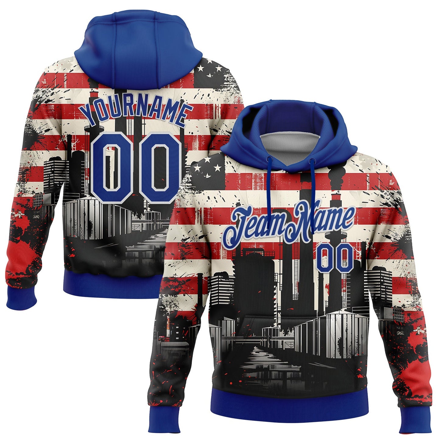 Custom Stitched City Cream Royal Red-White 3D American Flag Retro Distressed Grunge Sports Pullover Sweatshirt Hoodie - Main View