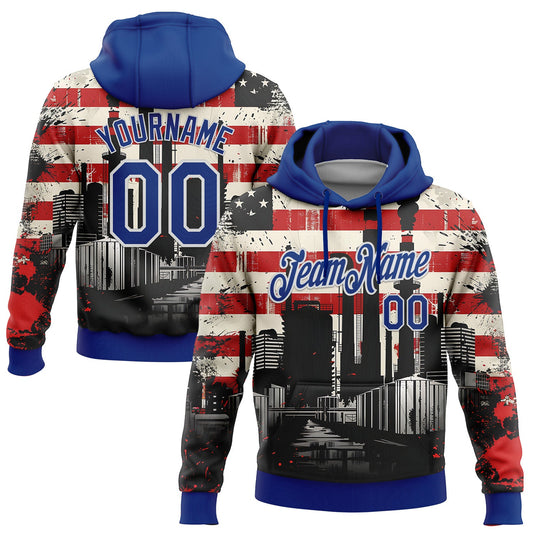 Custom Stitched City Cream Royal Red-White 3D American Flag Retro Distressed Grunge Sports Pullover Sweatshirt Hoodie - Main View