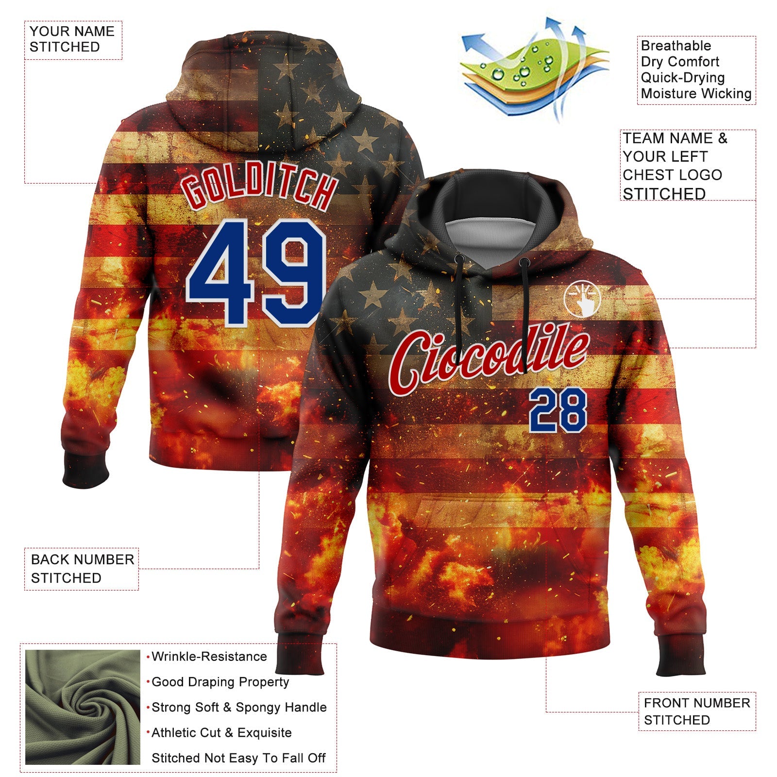 Custom Stitched Red Royal-White 3D American Flag Retro Distressed Flame Grunge Sports Pullover Sweatshirt Hoodie view 2