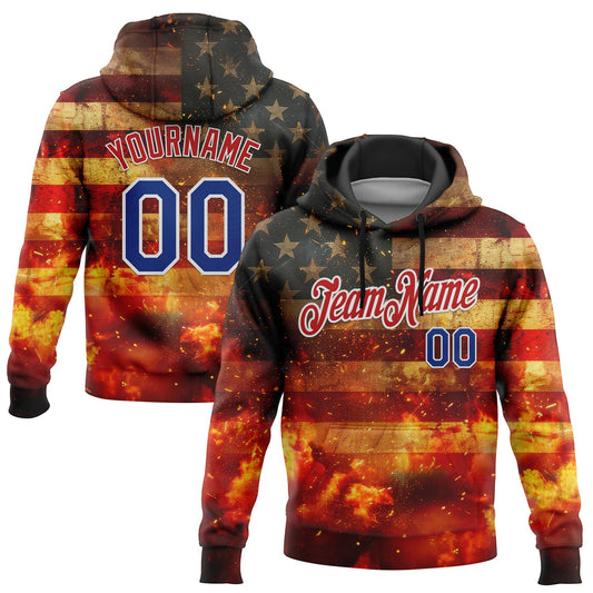 Custom Stitched Red Royal-White 3D American Flag Retro Distressed Flame Grunge Sports Pullover Sweatshirt Hoodie - Main View