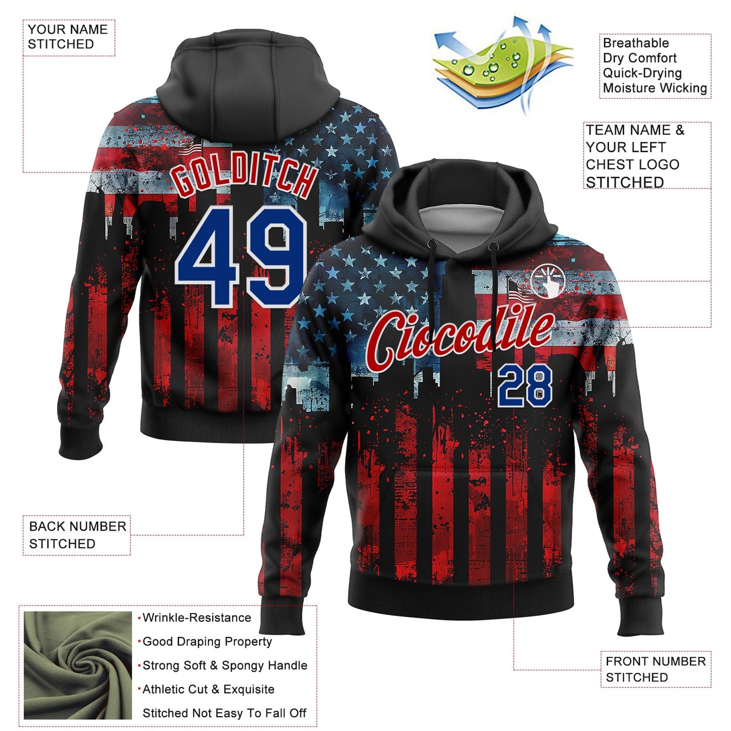 Custom Stitched Black Royal Red-White 3D American Flag Retro Distressed Grunge Sports Pullover Sweatshirt Hoodie view 2