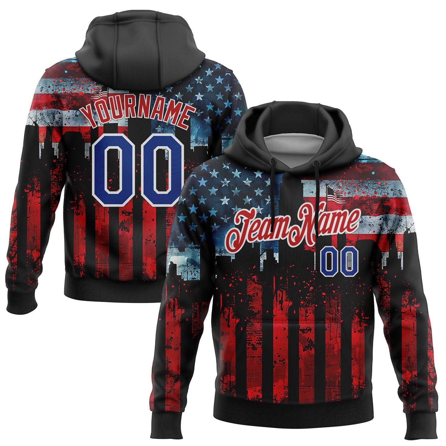 Custom Stitched Black Royal Red-White 3D American Flag Retro Distressed Grunge Sports Pullover Sweatshirt Hoodie - Main View