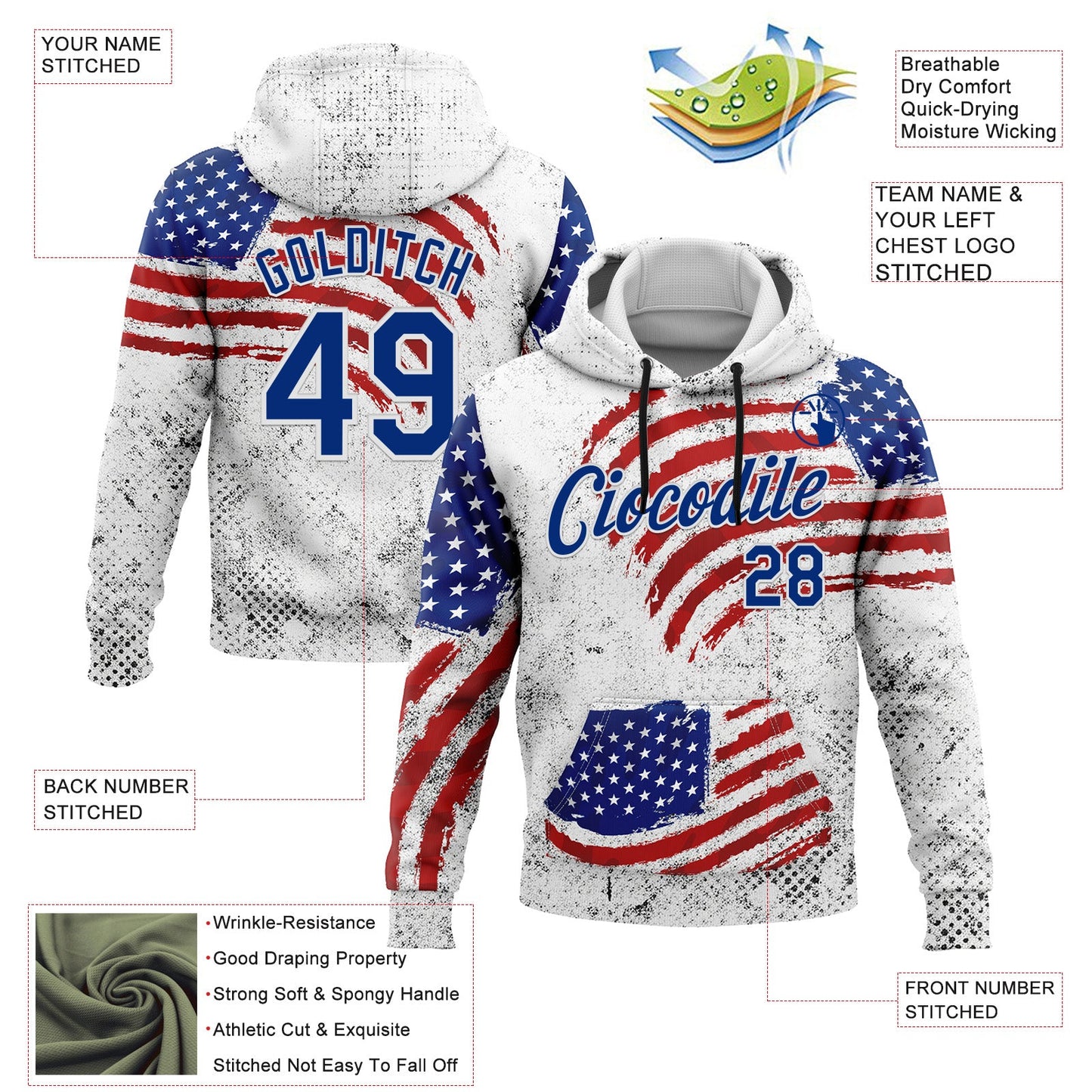 Custom Stitched White Royal-Red 3D American Flag Retro Distressed Grunge Sports Pullover Sweatshirt Hoodie view 2