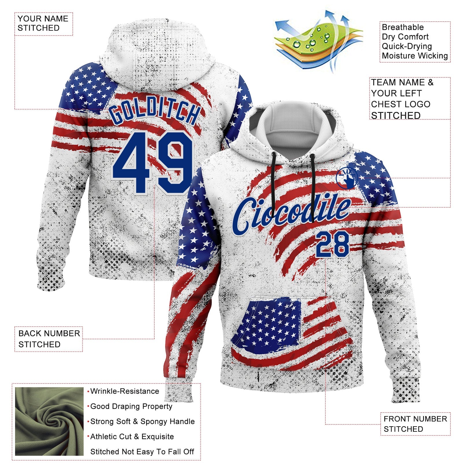 Custom Stitched White Royal-Red 3D American Flag Retro Distressed Grunge Sports Pullover Sweatshirt Hoodie view 2