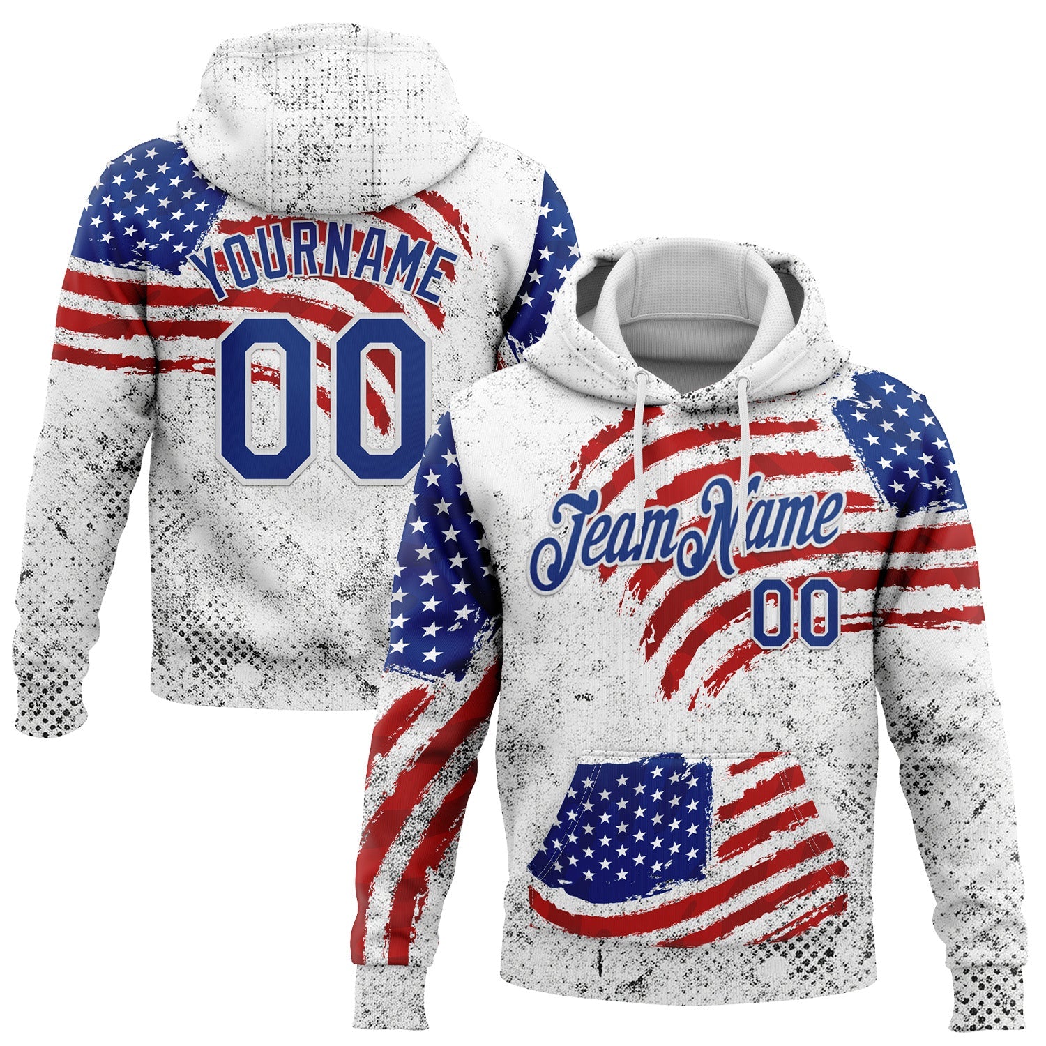 Custom Stitched White Royal-Red 3D American Flag Retro Distressed Grunge Sports Pullover Sweatshirt Hoodie - Main View