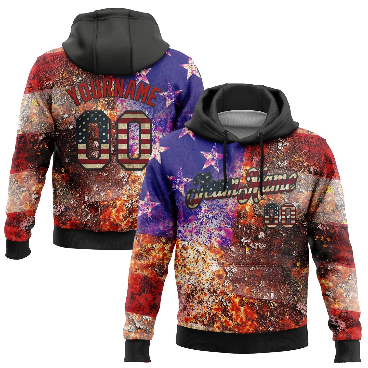 Custom Stitched Black Vintage USA Flag-Red 3D American Flag Retro Distressed Rusty Grunge Sports Pullover Sweatshirt Hoodie - Main View