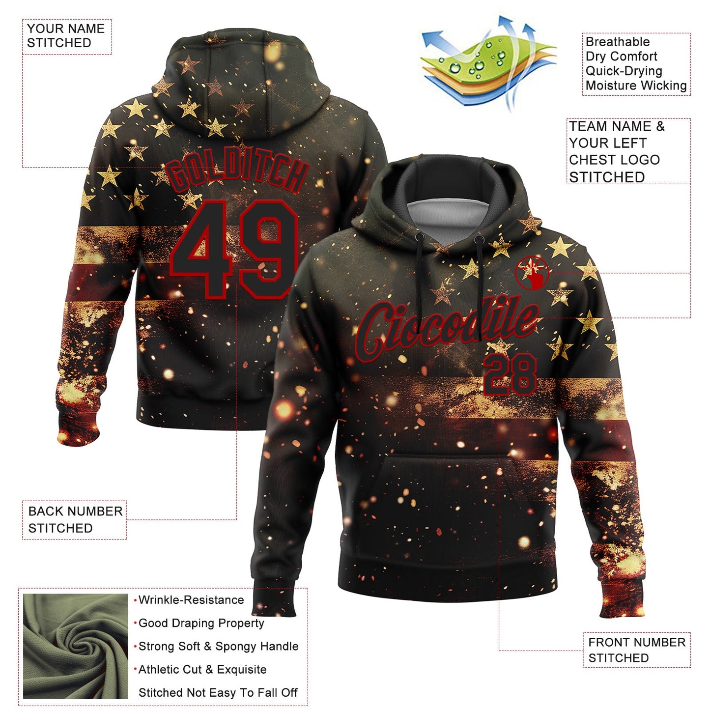 Custom Stitched Black Red 3D American Flag Retro Distressed Sparkle Grunge Sports Pullover Sweatshirt Hoodie view 2