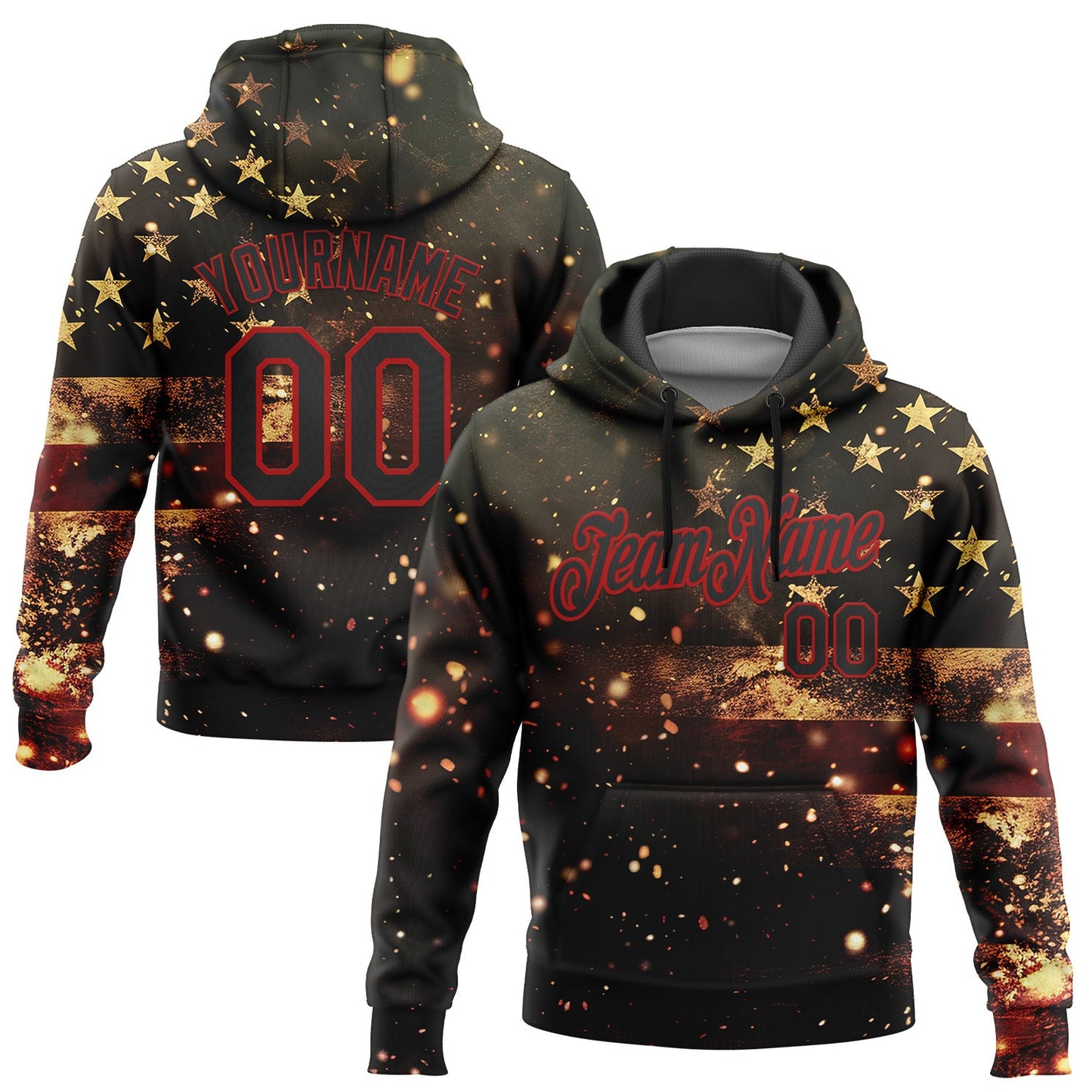 Custom Stitched Black Red 3D American Flag Retro Distressed Sparkle Grunge Sports Pullover Sweatshirt Hoodie - Main View