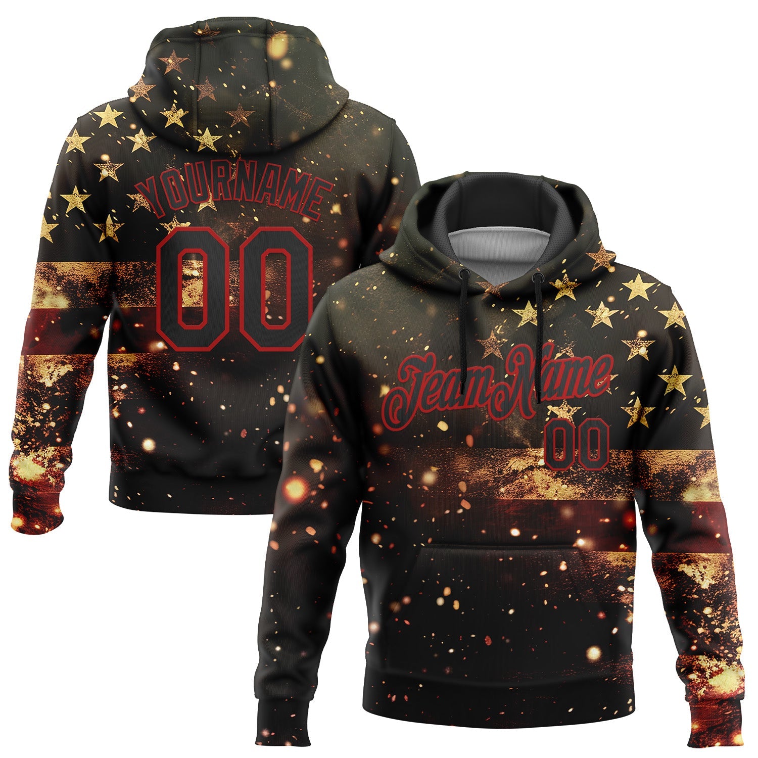 Custom Stitched Black Red 3D American Flag Retro Distressed Sparkle Grunge Sports Pullover Sweatshirt Hoodie - Main View