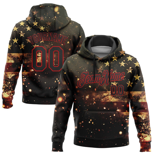 Custom Stitched Black Red 3D American Flag Retro Distressed Sparkle Grunge Sports Pullover Sweatshirt Hoodie - Main View