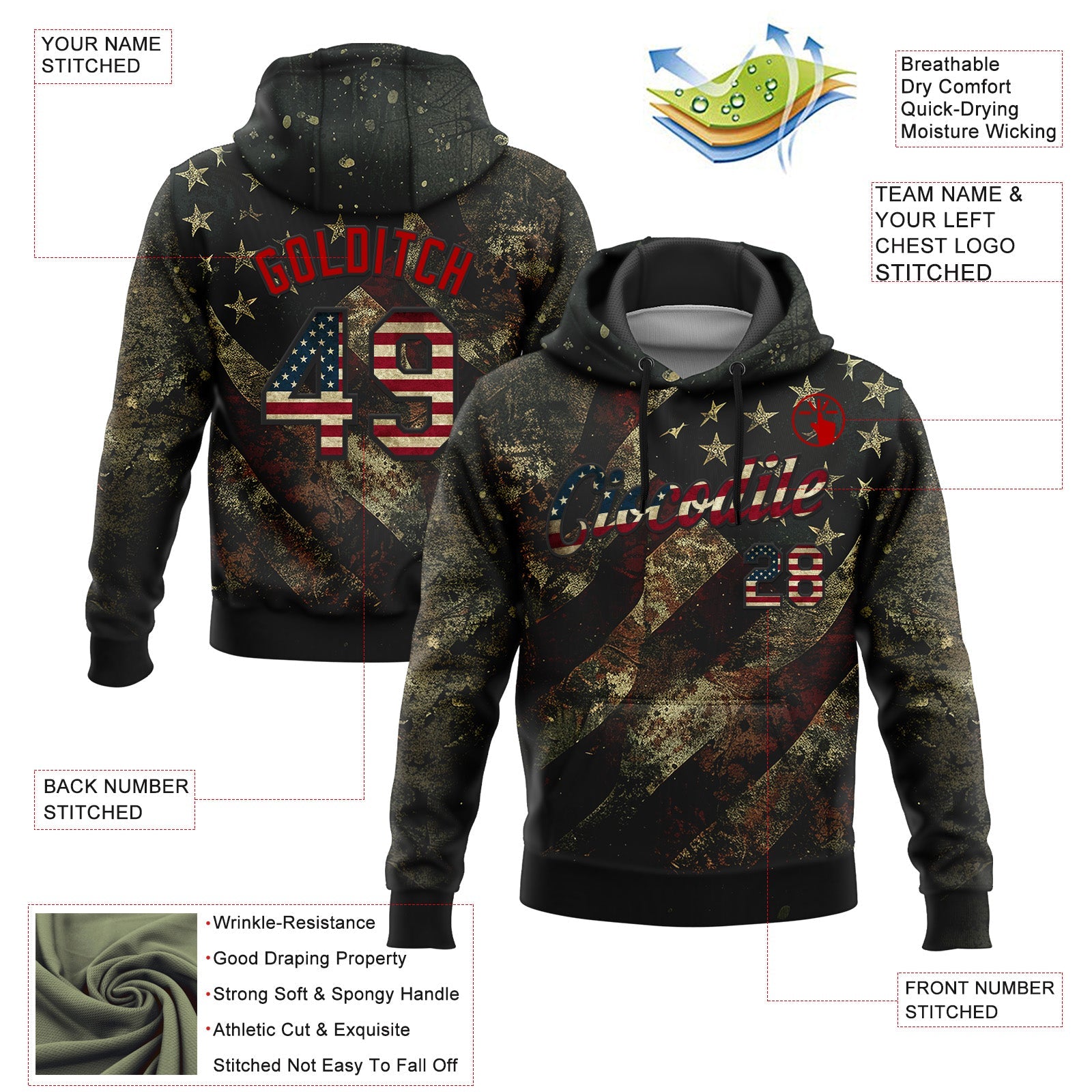 Custom Stitched Black Vintage USA Flag-Red 3D American Flag Retro Distressed Grunge Sports Pullover Sweatshirt Hoodie view 2