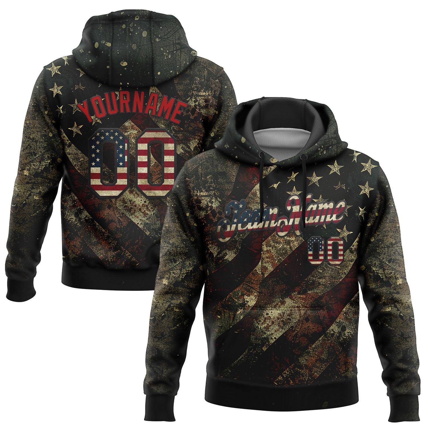 Custom Stitched Black Vintage USA Flag-Red 3D American Flag Retro Distressed Grunge Sports Pullover Sweatshirt Hoodie - Main View