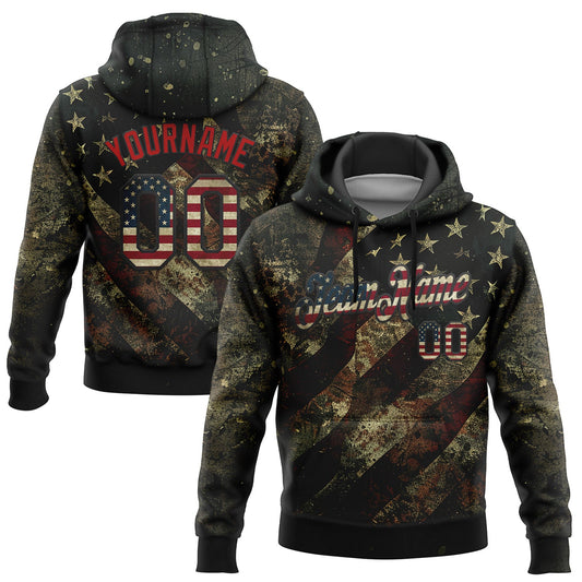 Custom Stitched Black Vintage USA Flag-Red 3D American Flag Retro Distressed Grunge Sports Pullover Sweatshirt Hoodie - Main View