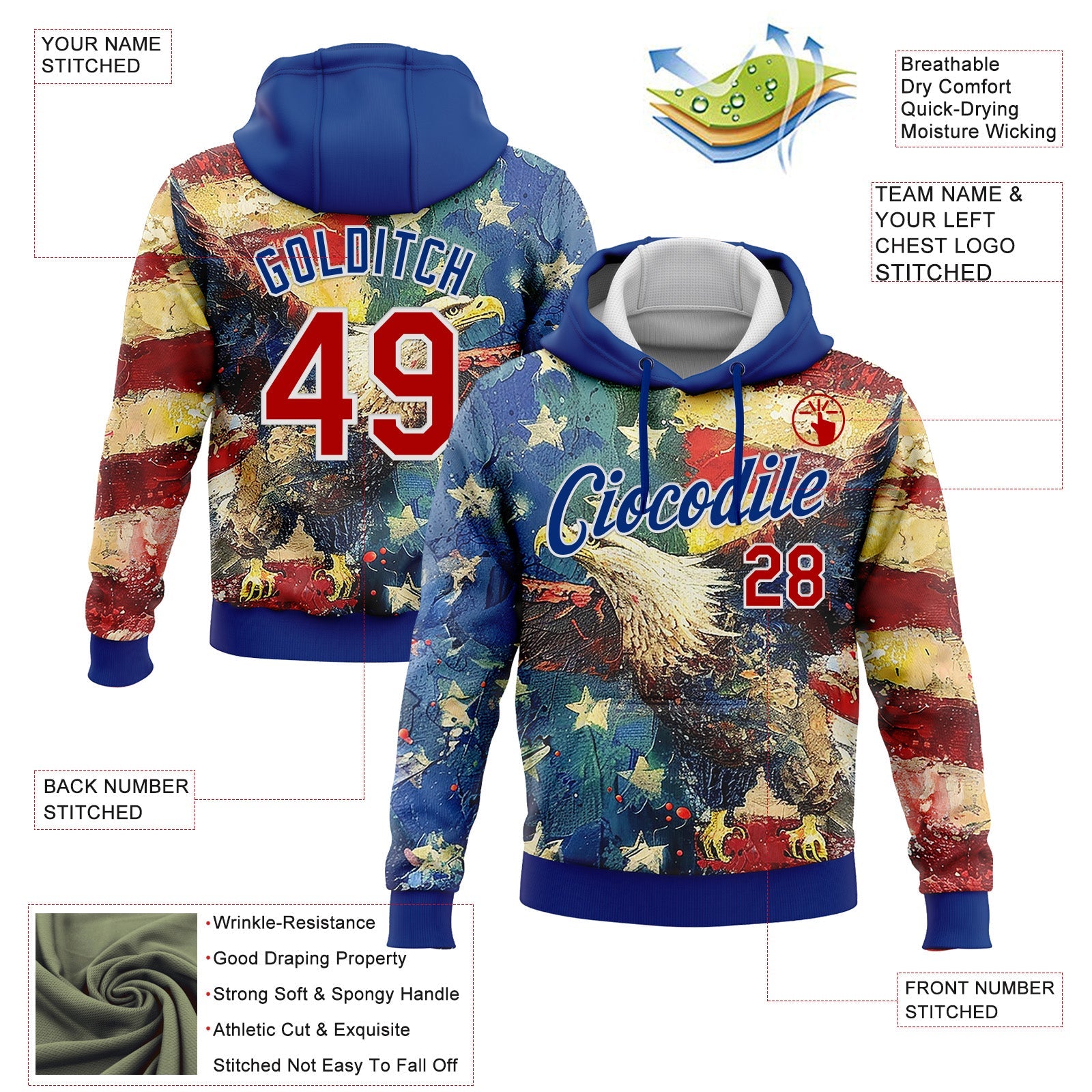 Custom Stitched Royal Red-White 3D American Flag Retro Distressed Eagle Grunge Sports Pullover Sweatshirt Hoodie view 2