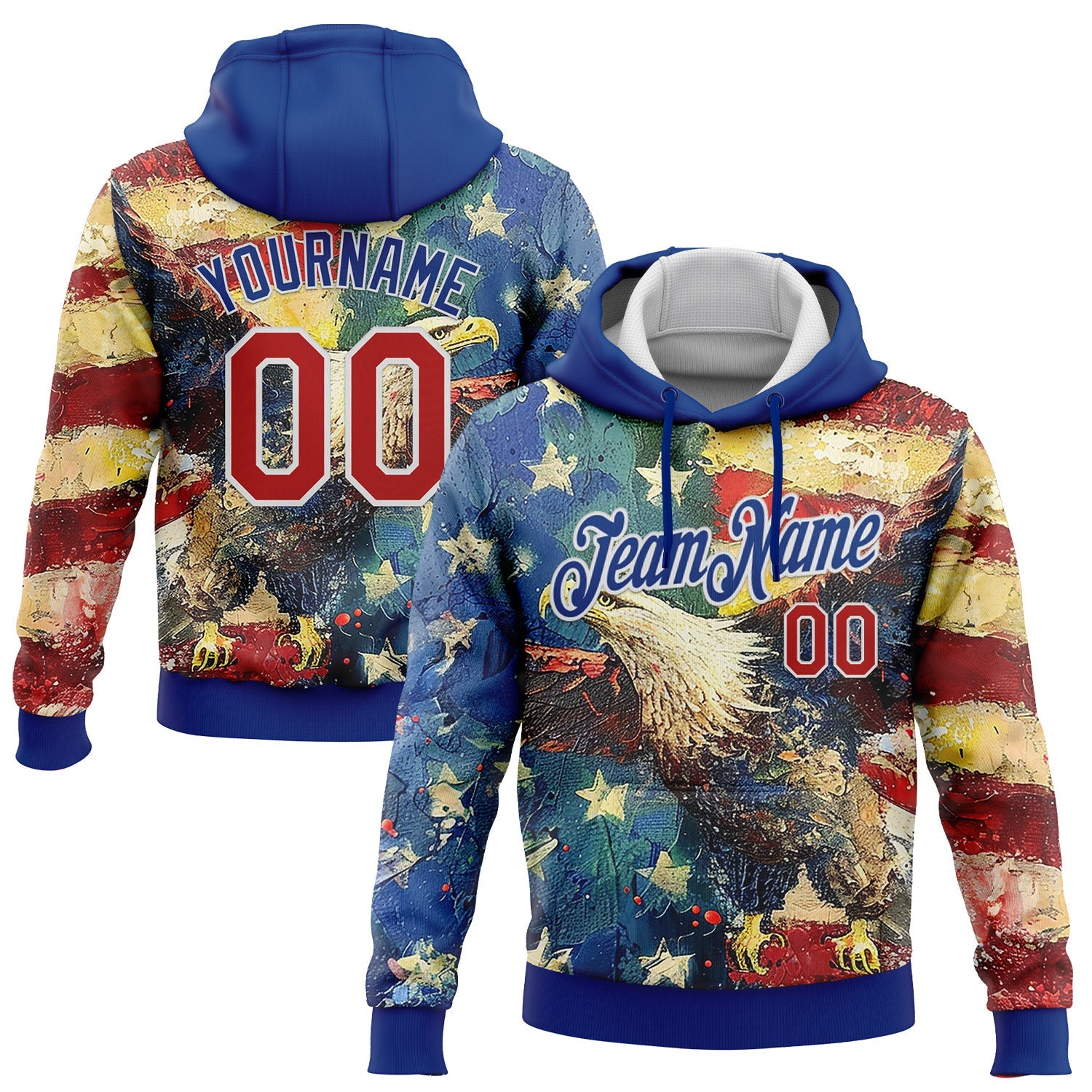 Custom Stitched Royal Red-White 3D American Flag Retro Distressed Eagle Grunge Sports Pullover Sweatshirt Hoodie - Main View