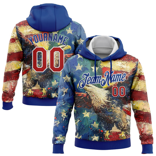 Custom Stitched Royal Red-White 3D American Flag Retro Distressed Eagle Grunge Sports Pullover Sweatshirt Hoodie - Main View