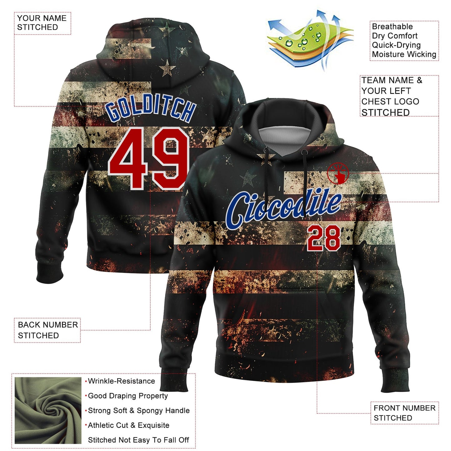 Custom Stitched Black Red Royal-White 3D American Flag Retro Distressed Grunge Sports Pullover Sweatshirt Hoodie view 2