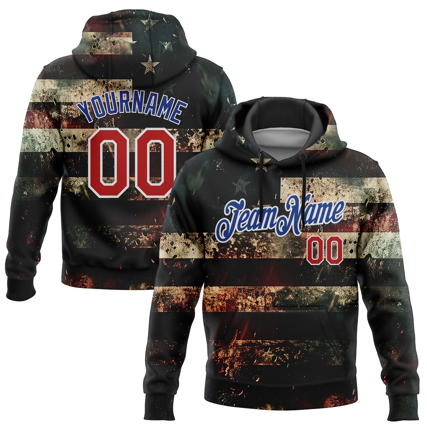 Custom Stitched Black Red Royal-White 3D American Flag Retro Distressed Grunge Sports Pullover Sweatshirt Hoodie - Main View