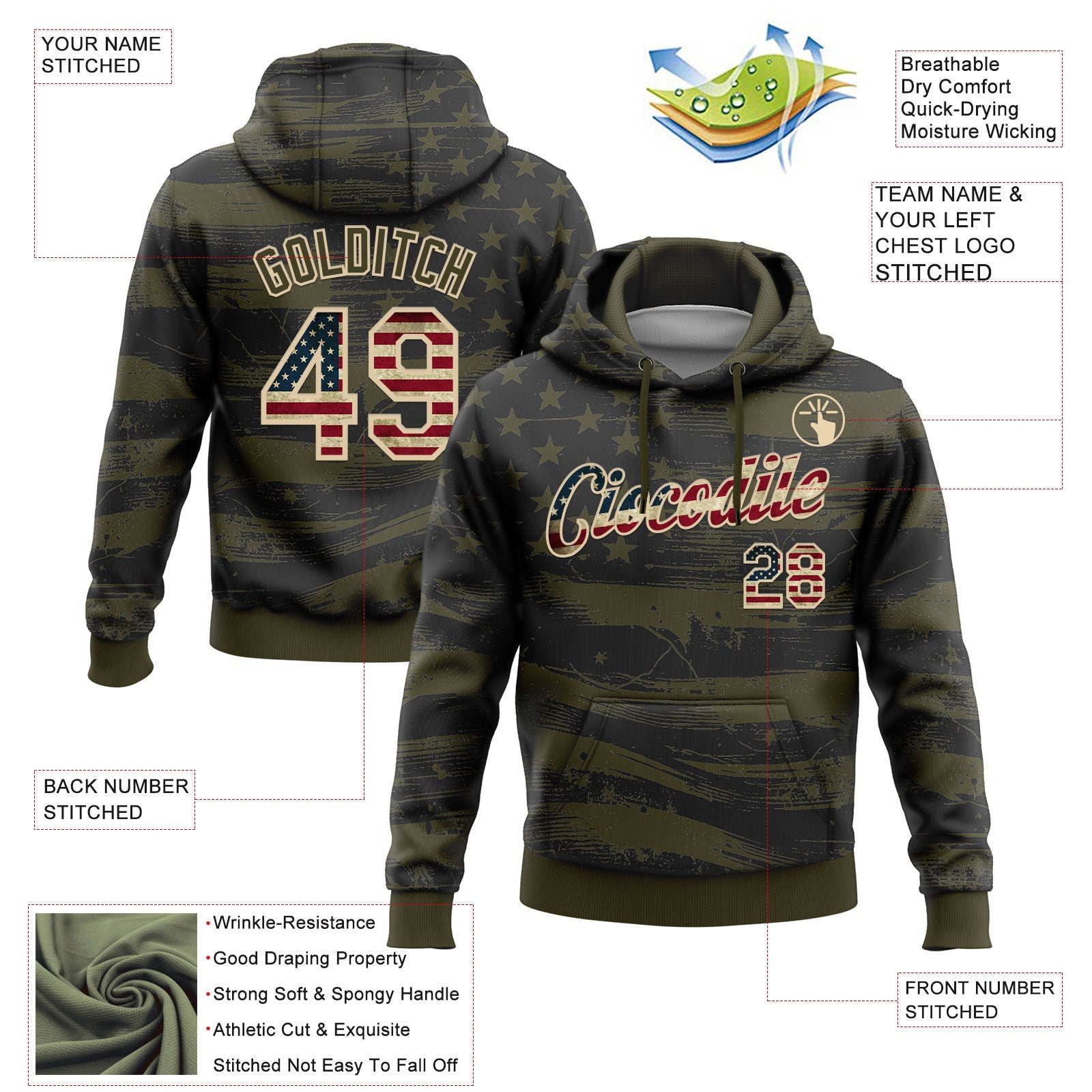 Custom Stitched Olive Vintage USA Flag-City Cream 3D American Flag Retro Distressed Grunge Salute To Service Sports Pullover Sweatshirt Hoodie view 2
