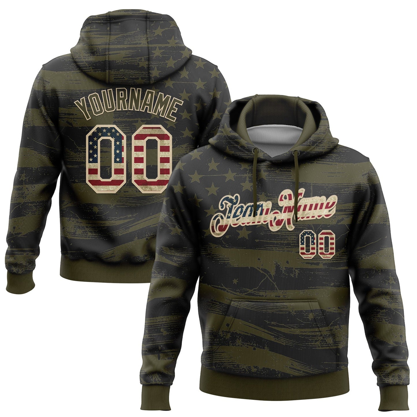 Custom Stitched Olive Vintage USA Flag-City Cream 3D American Flag Retro Distressed Grunge Salute To Service Sports Pullover Sweatshirt Hoodie - Main View