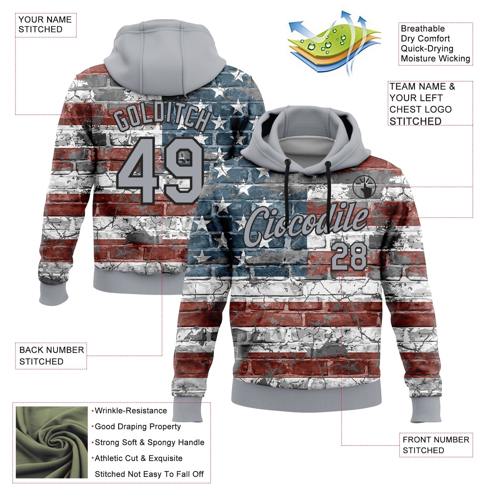 Custom Stitched Gray Red Blue-Black 3D American Flag Retro Distressed Grunge Sports Pullover Sweatshirt Hoodie view 2