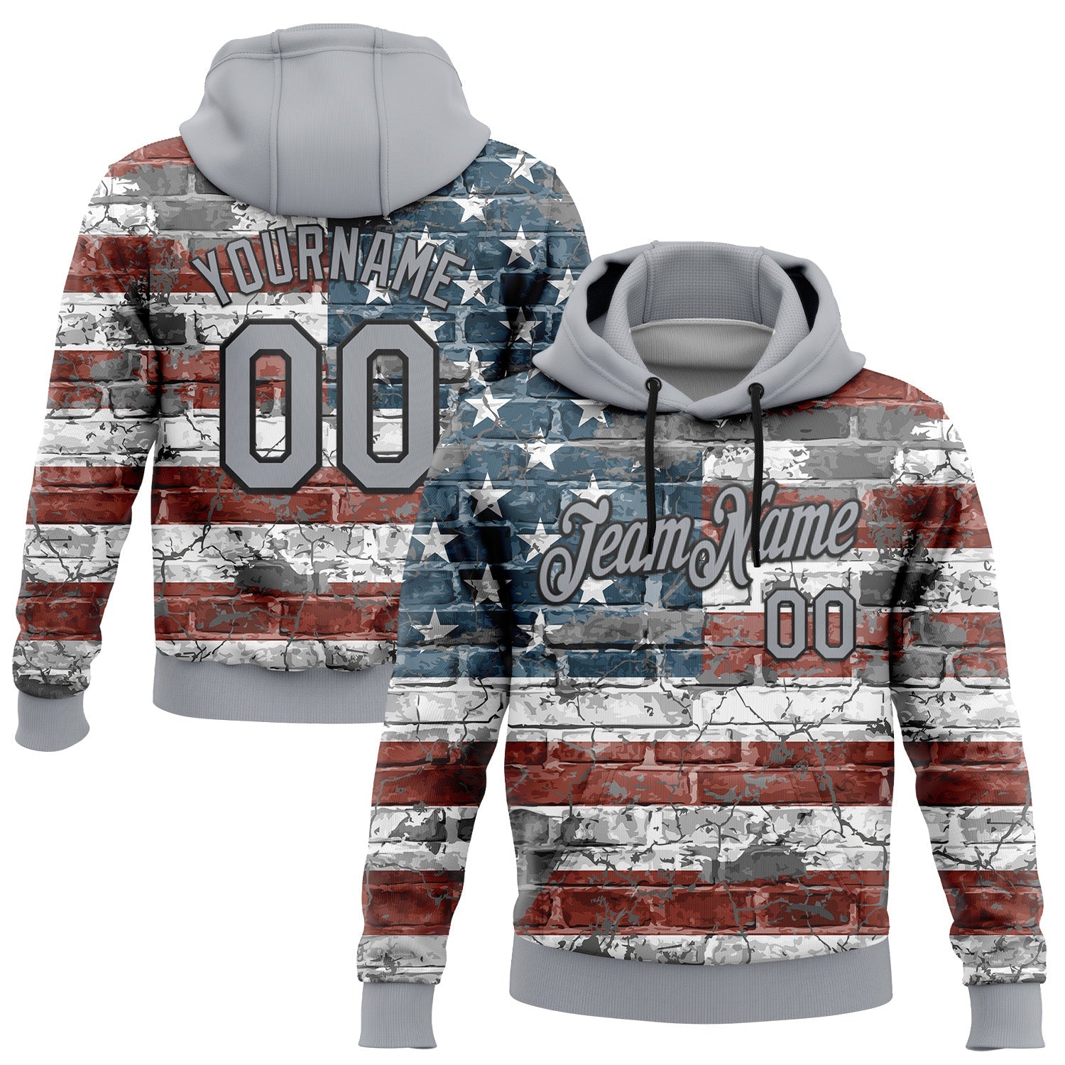Custom Stitched Gray Red Blue-Black 3D American Flag Retro Distressed Grunge Sports Pullover Sweatshirt Hoodie - Main View