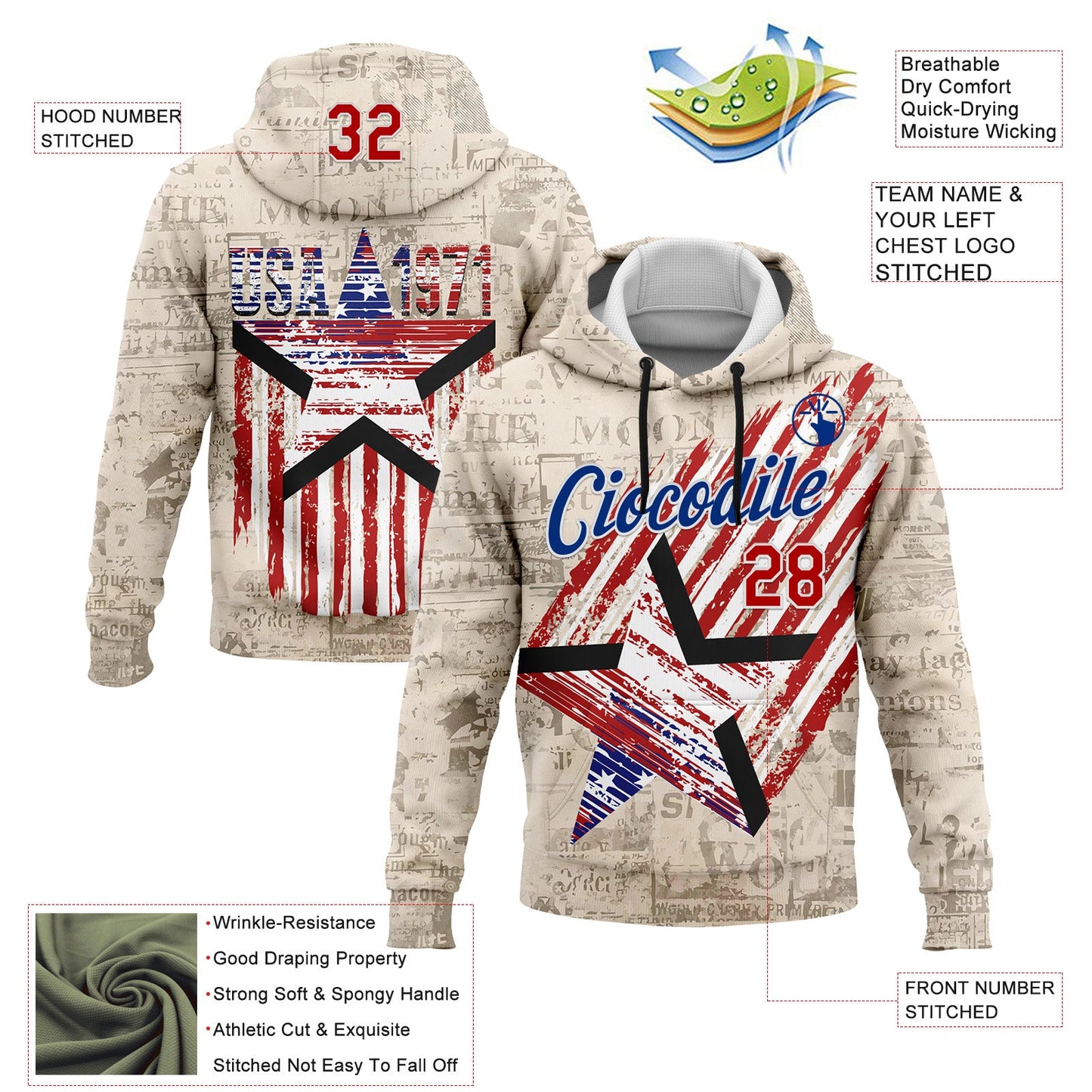 Custom Stitched Cream Red Royal-White 3D American Flag Retro Distressed Grunge Sports Pullover Sweatshirt Hoodie view 2