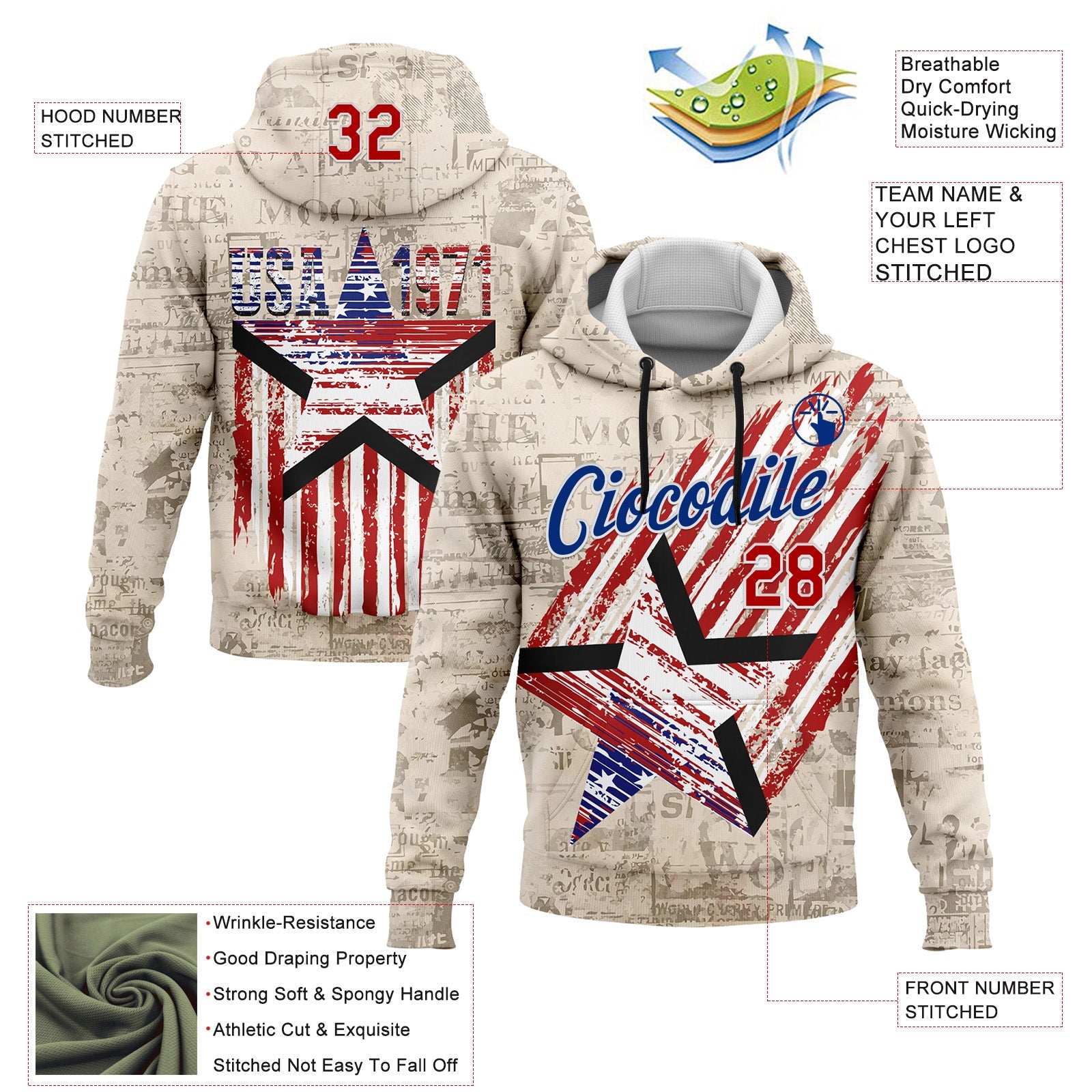 Custom Stitched Cream Red Royal-White 3D American Flag Retro Distressed Grunge Sports Pullover Sweatshirt Hoodie view 2