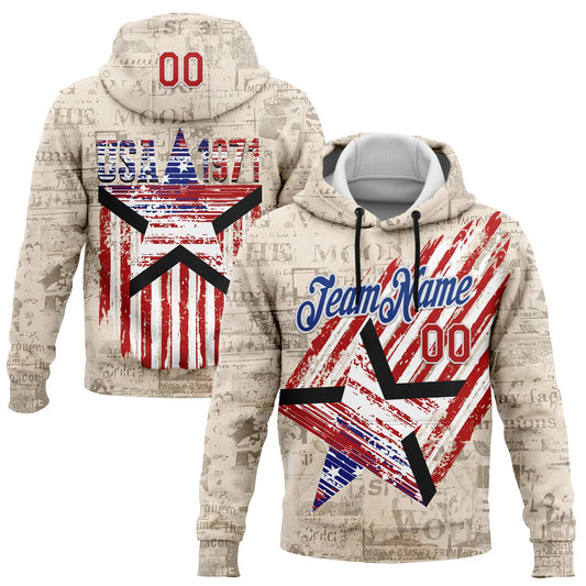 Custom Stitched Cream Red Royal-White 3D American Flag Retro Distressed Grunge Sports Pullover Sweatshirt Hoodie - Main View