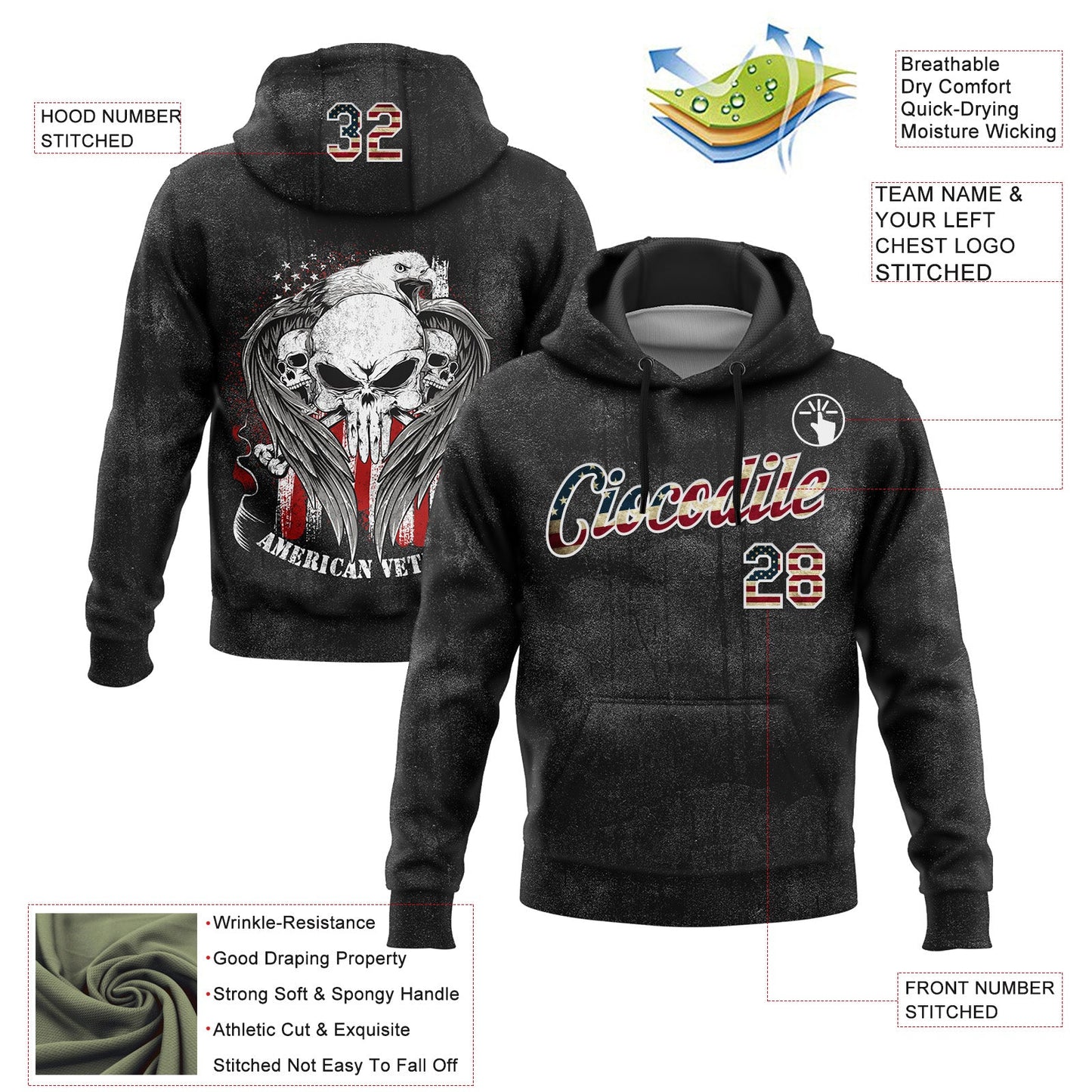 Custom Stitched Black Vintage USA Flag-White 3D American Flag Retro Distressed Veteran Skull Grunge Sports Pullover Sweatshirt Hoodie view 2
