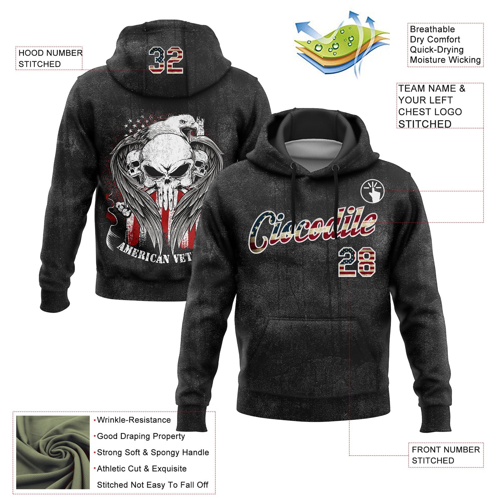 Custom Stitched Black Vintage USA Flag-White 3D American Flag Retro Distressed Veteran Skull Grunge Sports Pullover Sweatshirt Hoodie view 2