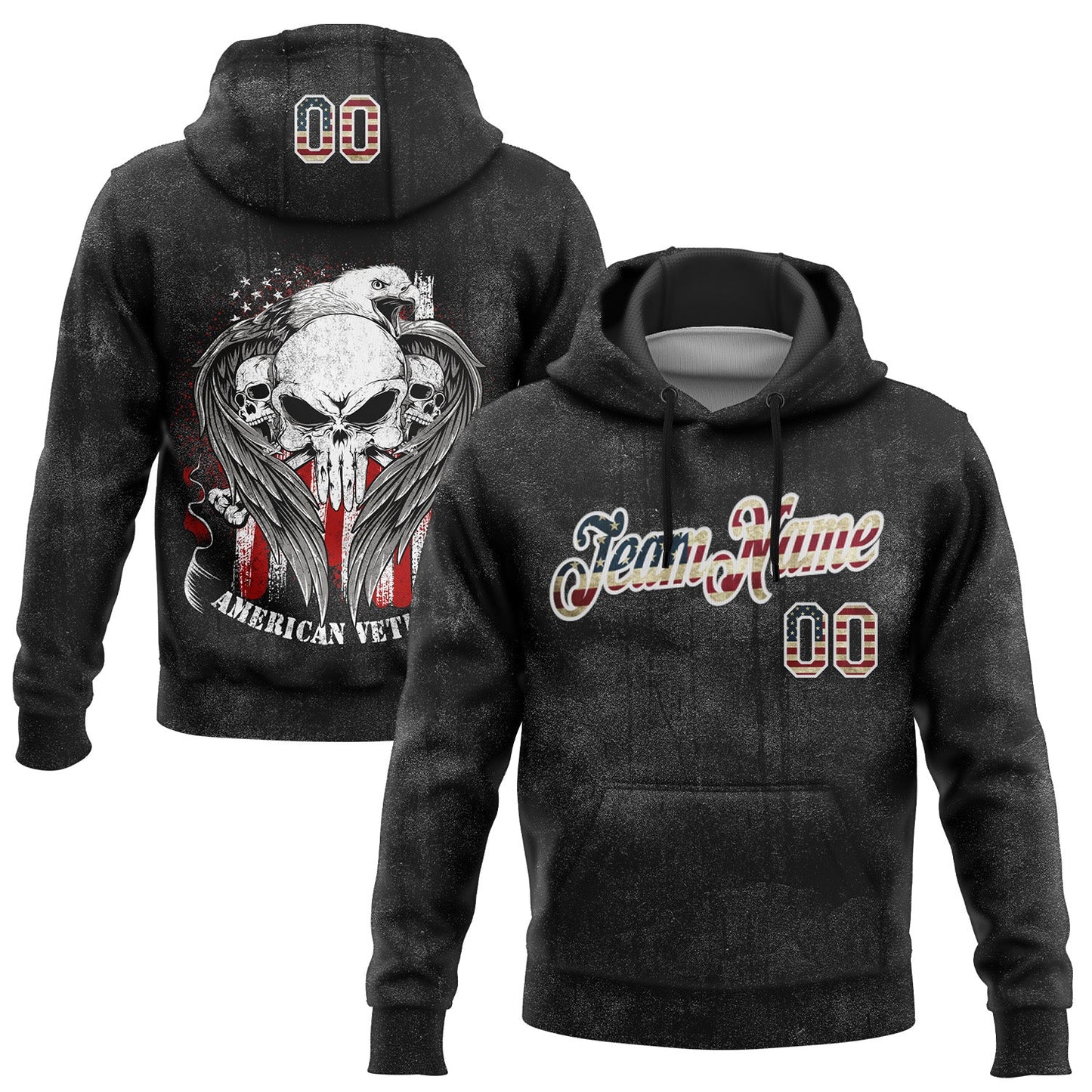Custom Stitched Black Vintage USA Flag-White 3D American Flag Retro Distressed Veteran Skull Grunge Sports Pullover Sweatshirt Hoodie - Main View