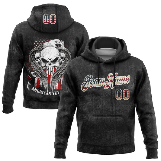 Custom Stitched Black Vintage USA Flag-White 3D American Flag Retro Distressed Veteran Skull Grunge Sports Pullover Sweatshirt Hoodie - Main View