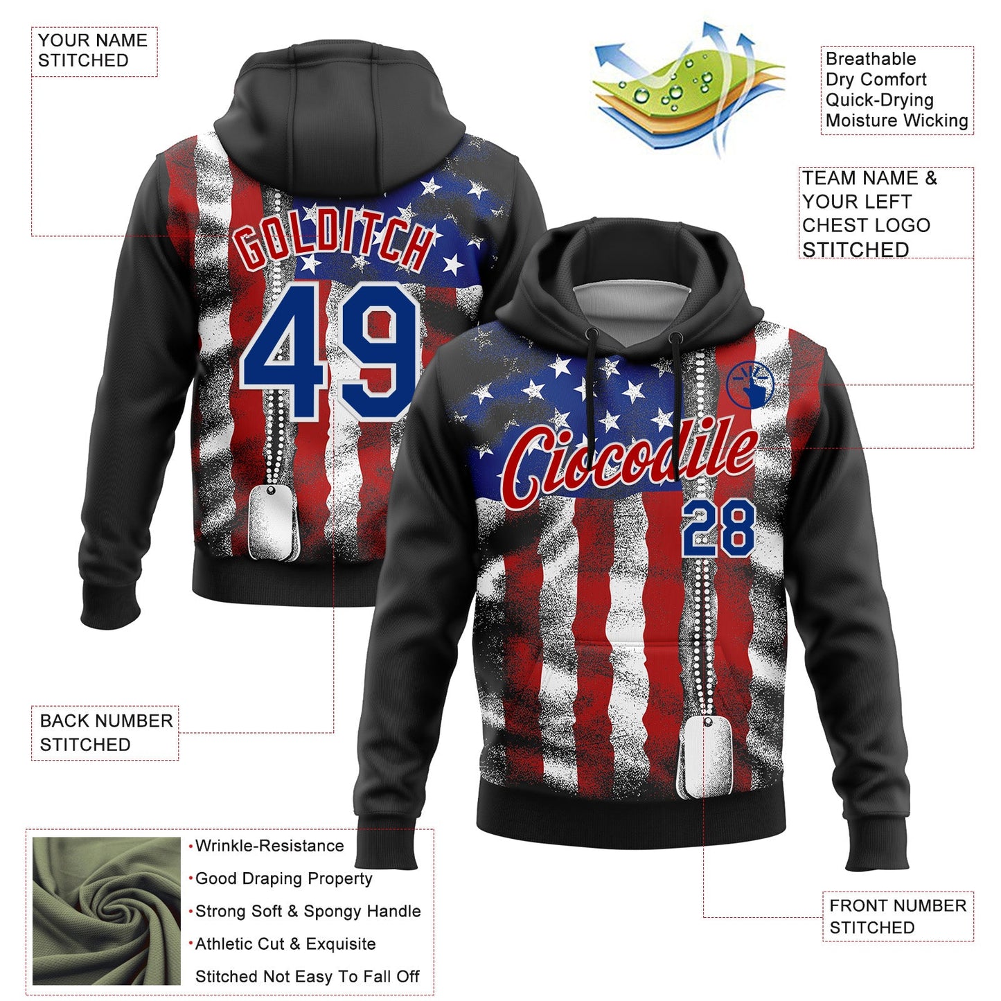 Custom Stitched Black Royal Red-White 3D American Flag Retro Distressed Zip Grunge Sports Pullover Sweatshirt Hoodie view 2