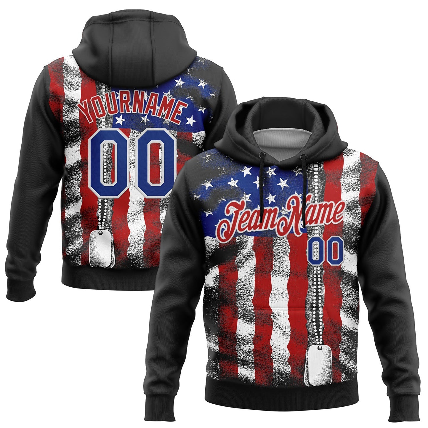 Custom Stitched Black Royal Red-White 3D American Flag Retro Distressed Zip Grunge Sports Pullover Sweatshirt Hoodie - Main View
