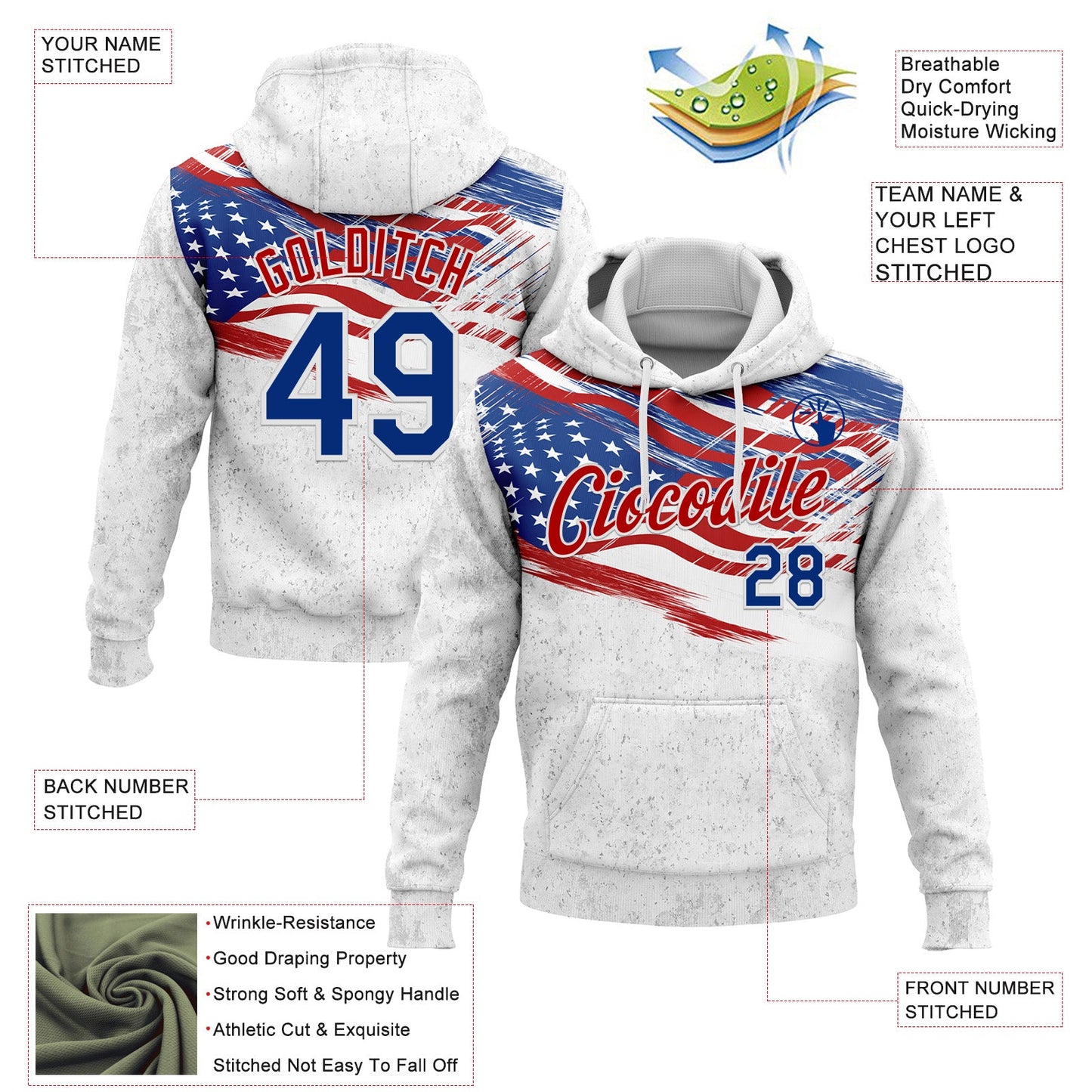 Custom Stitched White Royal-Red 3D American Flag Retro Distressed Grunge Sports Pullover Sweatshirt Hoodie view 2