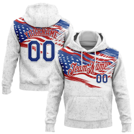Custom Stitched White Royal-Red 3D American Flag Retro Distressed Grunge Sports Pullover Sweatshirt Hoodie - Main View
