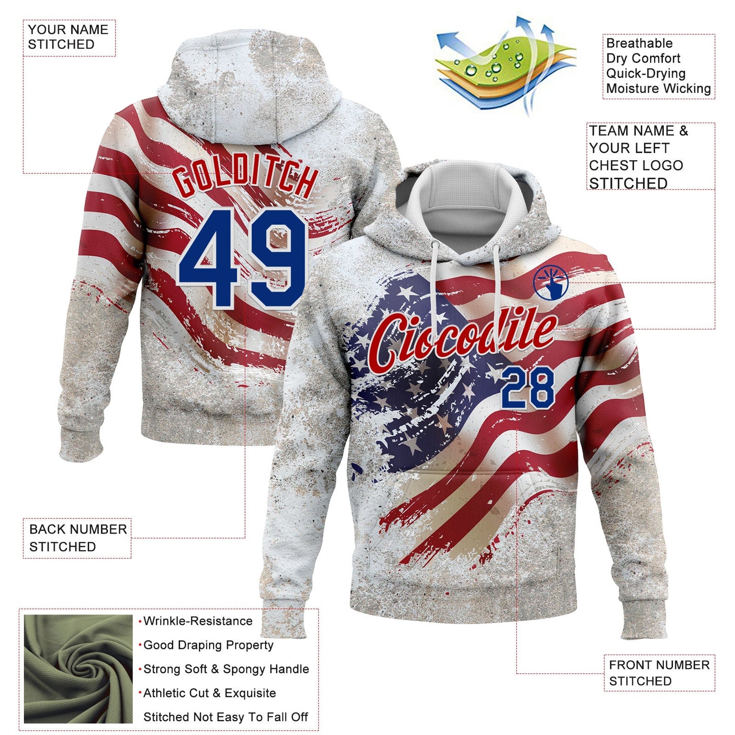 Custom Stitched White Royal-Red 3D American Flag Retro Distressed Grunge Sports Pullover Sweatshirt Hoodie view 2