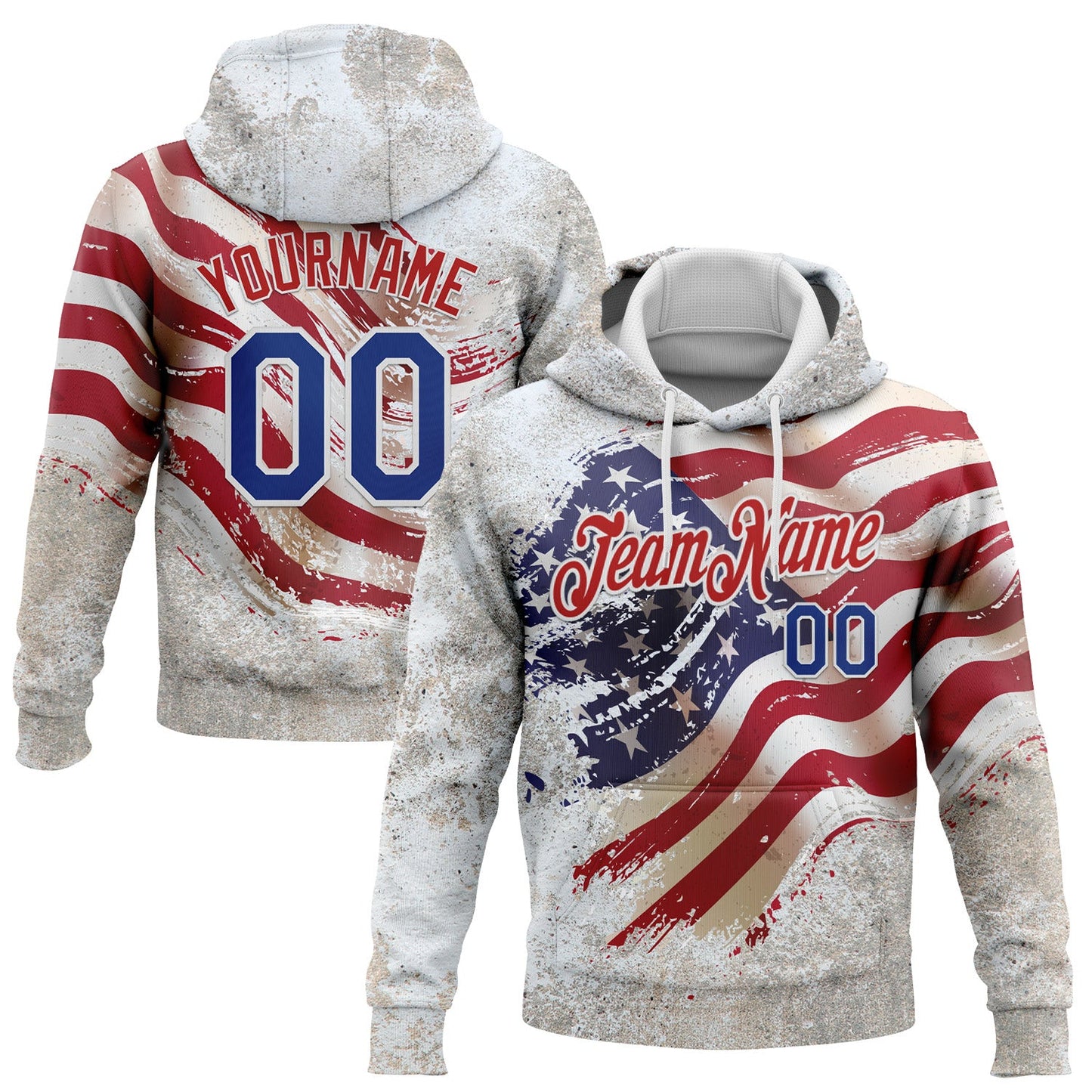Custom Stitched White Royal-Red 3D American Flag Retro Distressed Grunge Sports Pullover Sweatshirt Hoodie - Main View