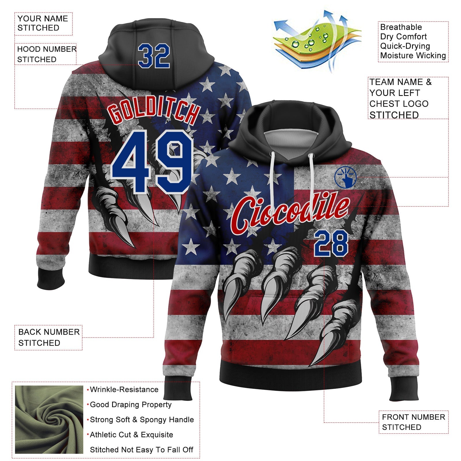Custom Stitched Black Royal Red-White 3D American Flag Retro Distressed Grunge Sports Pullover Sweatshirt Hoodie view 2