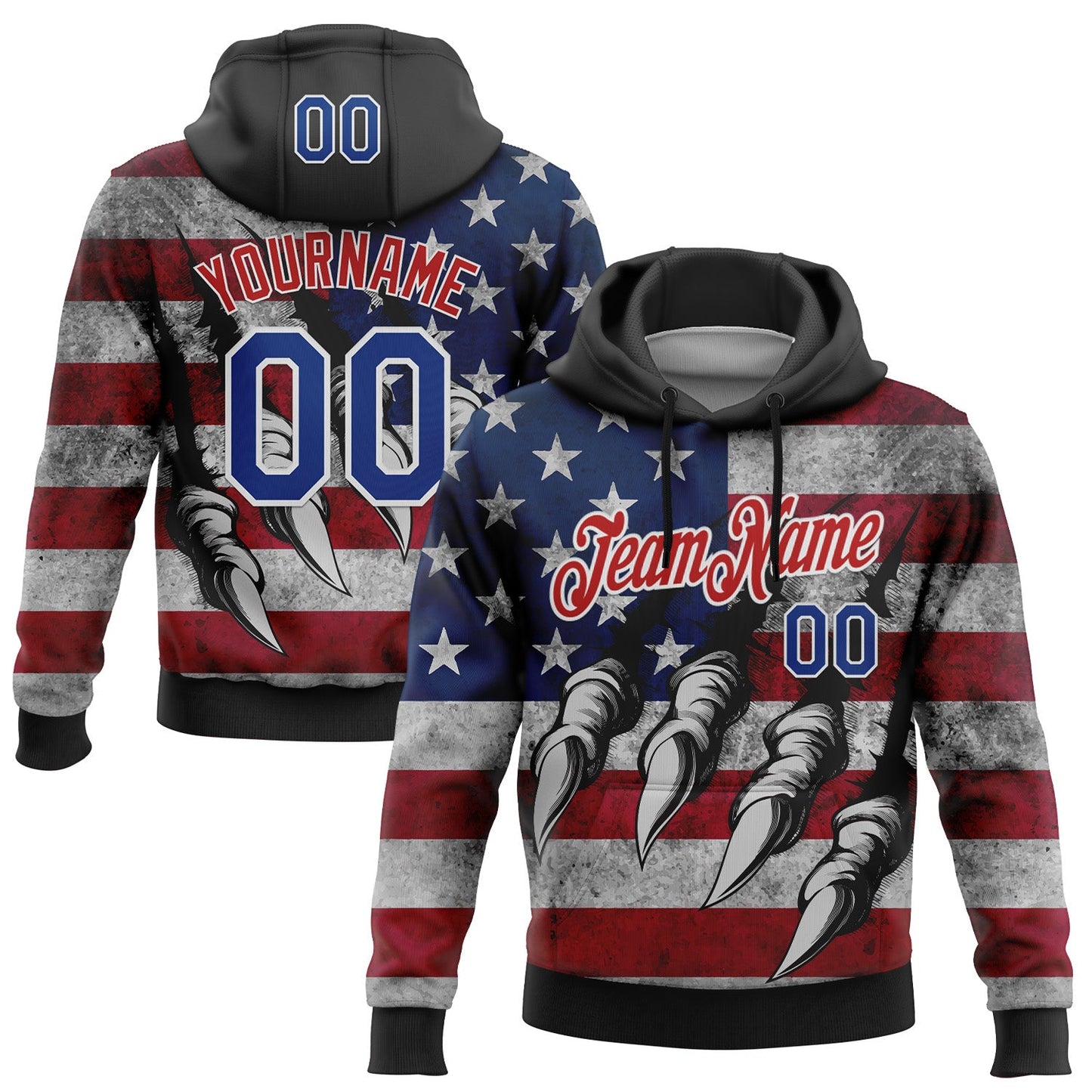 Custom Stitched Black Royal Red-White 3D American Flag Retro Distressed Grunge Sports Pullover Sweatshirt Hoodie - Main View
